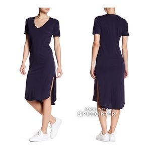 C&C Cara T Shirt Dress S Navy Blue Tunic Midi Split Side V Neck